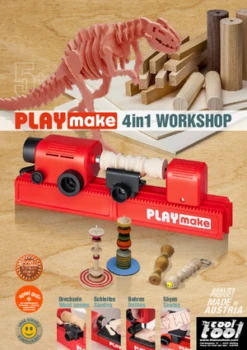 PLAYmake 4 In 1 Houtbewerkingsmachine Houtdraaibank -Overdekte Speelgoeds Winkel Playmake Flyer speelactief